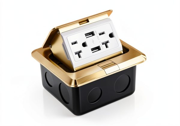 Hoolerry 2 Pack Pop up Floor Electrical Outlet Cover Box Kit with 4.8A USB Charger 20Amp Waterproof Weatherproof Floor Tamper Resistant Outlet Receptacle for Countertop Home (Gold)-1
