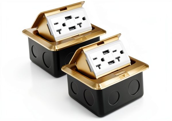 Hoolerry 2 Pack Pop up Floor Electrical Outlet Cover Box Kit with 4.8A USB Charger 20Amp Waterproof Weatherproof Floor Tamper Resistant Outlet Receptacle for Countertop Home (Gold)-0