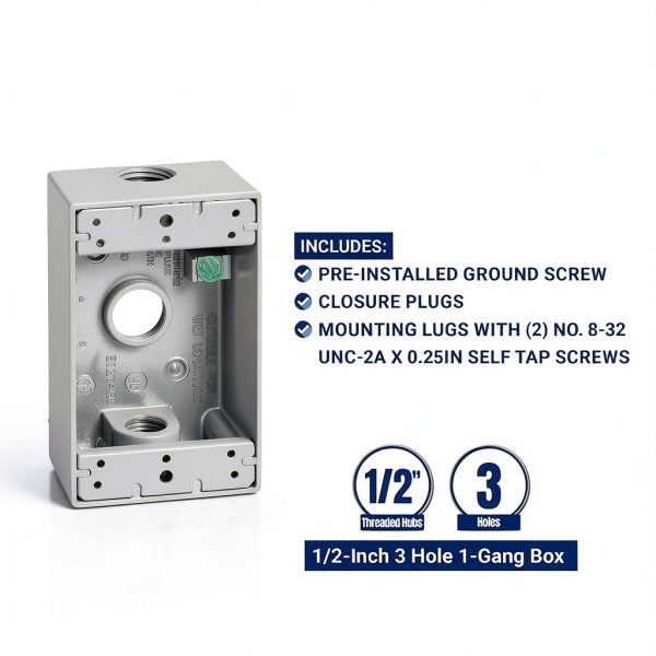 SIGMA ENGINEERED SOLUTIONS 14250 Metal Electrical Outlet Box, Weatherproof, Easy Mount Plug and Receptacle Protector, Gray, (3) 1/2-Inch Holes, 1 Gang Box-2